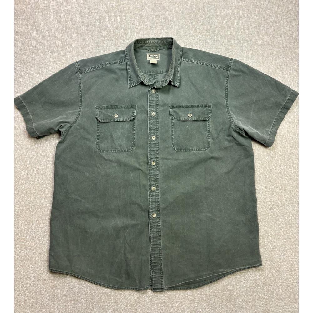 LL Bean Mens XL Regular Short Sleeve Button Down Shirt Olive Green Cotton